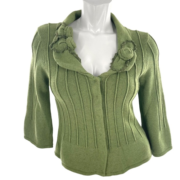 CAbi Sweaters - CAbi Green Cardigan with Knitted Flowers with Snap Buttons in Size Small